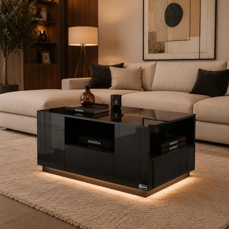 Makika LED Couchtisch mit Ablagefach und Schubladen, Holz schwarz, Hochglanz, 95 x 57 x 45 cm