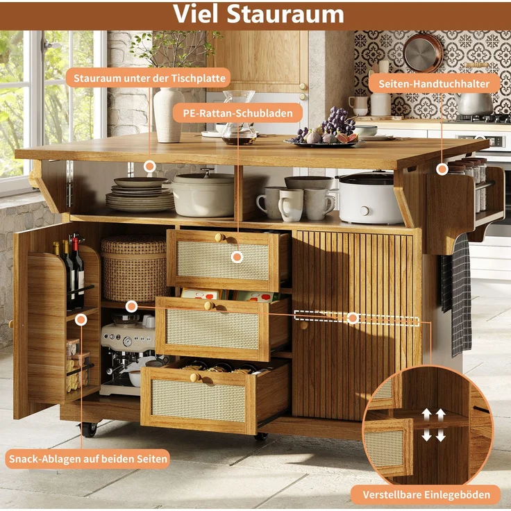 Küchenwagen mit Klappplatten, B 142,5 x T 80 x H 95 cm, MDF und PE-Rattan, erweiterbar – Bild 9