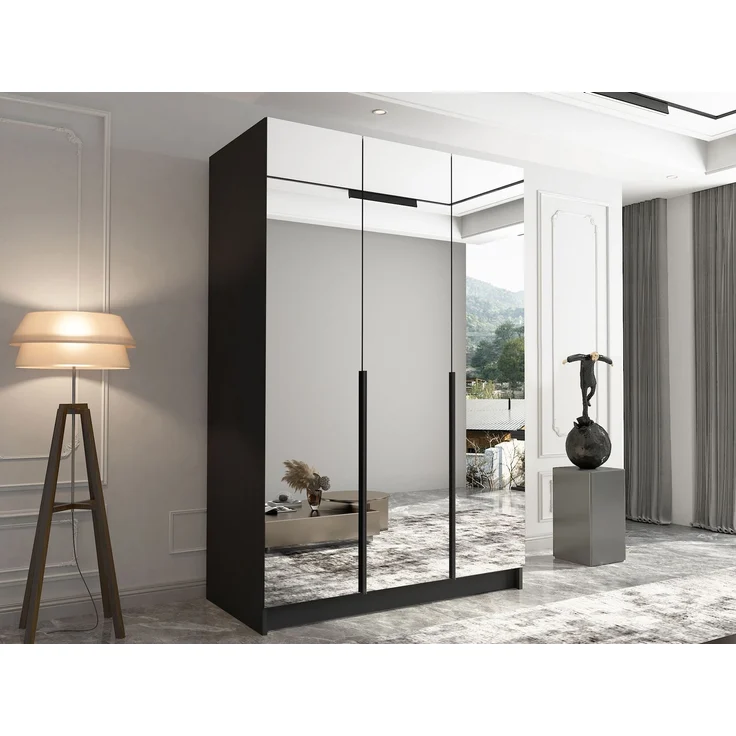 Mirjan24 'Cikzori' Kleiderschrank mit Einlegeböden und Kleiderstange, 3-türig, Laminatplatte, 215 x 58 x 150 cm, Schwarz / Schwarz, mit Spiegelfront – Bild 3