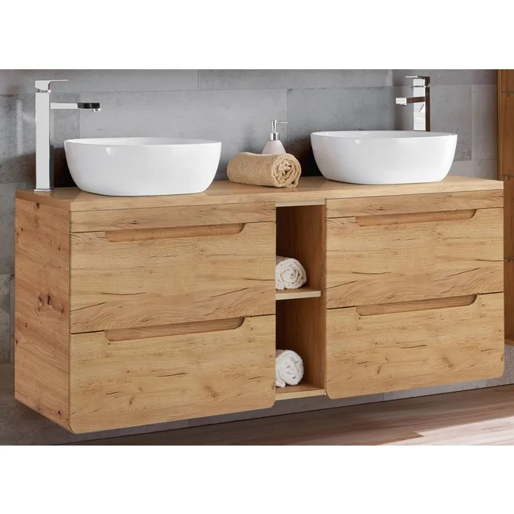 Waschtischunterschrank 141 cm Wotan Eiche Nb. LUTON-56-CRAFT mit 2 Keramikbecken, B/H/T ca. 141/76/46 cm
