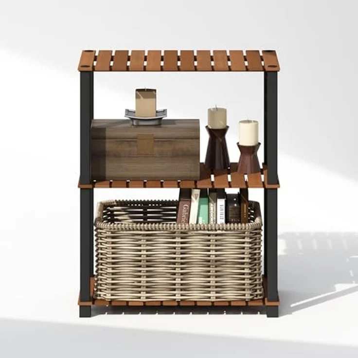 Furinno Turn-N-Tube 3-stufiges Display-Regal, Aufbewahrungsregal, Bücherregal, offene Regale, mit Holzlatten, quadratische Stangen, für Indoor-Outdoor-Organisation, Natur – Bild 5