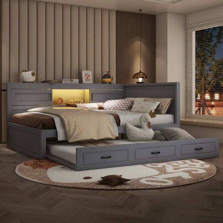 Massivholzbett mit Gästebett und LED-Beleuchtung (140x200 cm) Doppelbett, Jugendbett mit Lattenrost, Kiefer, grau – Bild 2