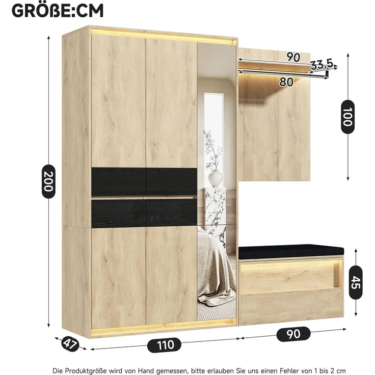 Garderoben-Set B 200 x T 47 x H 200 cm aus MDF mit 3 LED-Leuchten und Spiegel – Bild 4