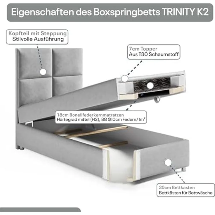 Best for Home Boxspringbett K2 SINGLE mit Bettkasten (Grau 100x200) – Bild 5
