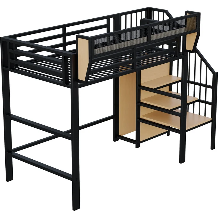 Merax Hochbett 90x200cm, Etagenbett, Kinderbett mit Sicherheitsleiter und flexiblem Staufach, Metallbett, Schwarz – Bild 8