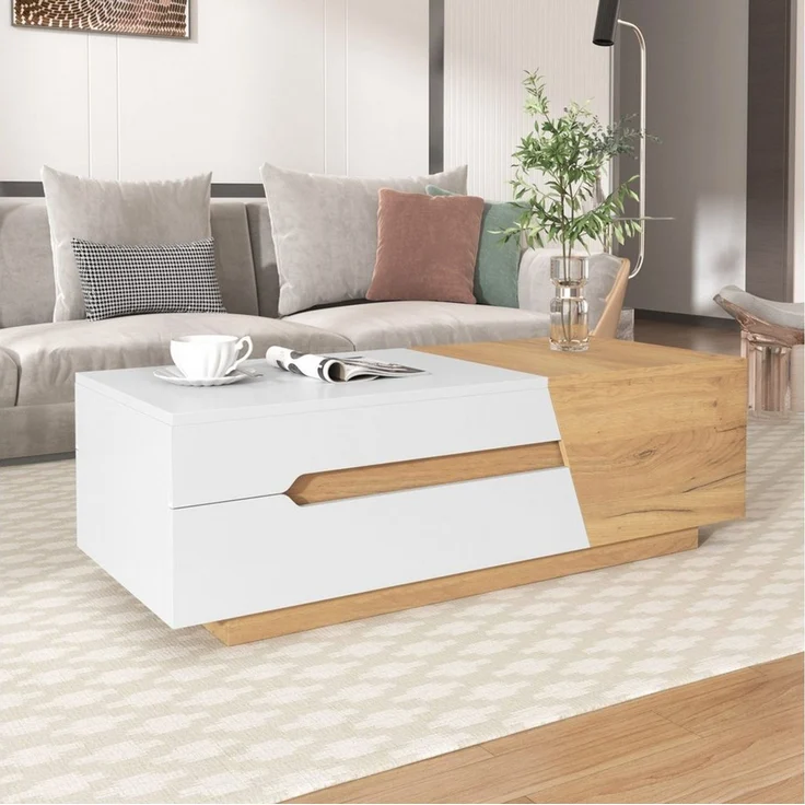 BBWL Couchtisch Modern ausziehbarer Couchtisch mit Schubladen in Weiß und Holzoptik (120x50x37.5 cm großer Wohnzimmertisch mit innovativem Schiebedesign und praktischem Stauraum für Bücher und Deko als stylisches 2er Set MDF Tisch für moderne Einrichtu... – Bild 1