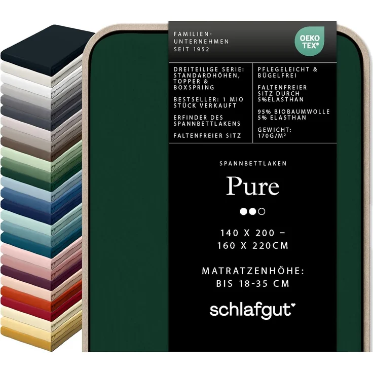 Schlafgut 'Pure' Spannbettlaken, Gummizug: rundum, für Matratzen bis 30cm Höhe, Bio-Baumwolle mit Elasthan, Green Deep, L 140x200 cm - 160x220 cm – Bild 1