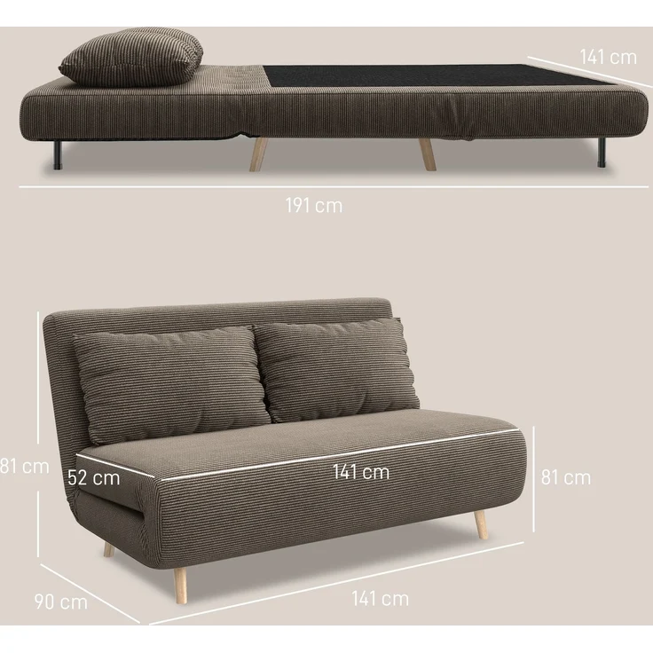 Wohnora-Schlafsofa, Gästebett, 3-fach verstellbare Rückenlehne, Kordoptik, bis 120 kg, 141 x 90 x 81 cm, Dunkelbraun,H 810cm x T 1410cm x B 900cm,Kaffee-Braun – Bild 4