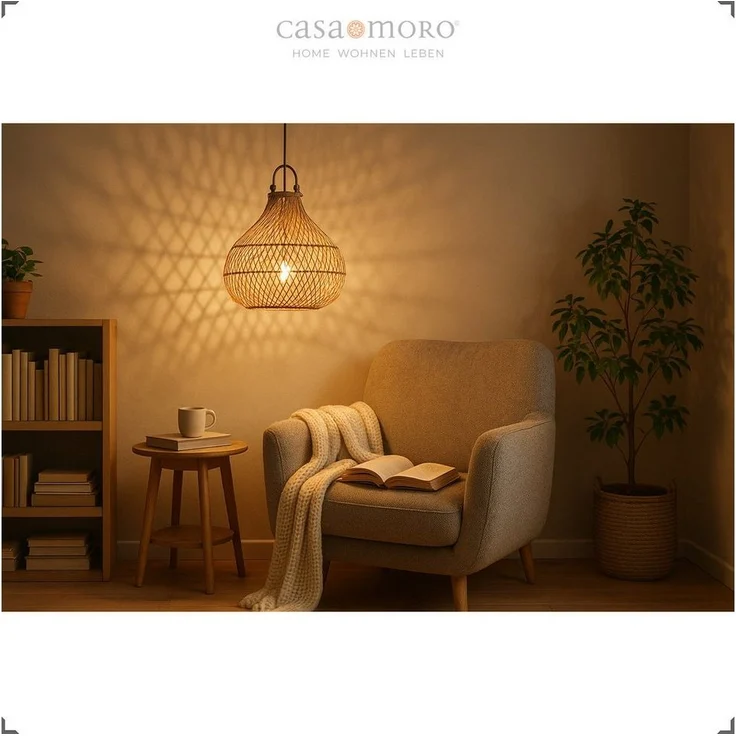 Casa Moro Deckenleuchte Rattan Lampe Natur – Hängelampe & Deckenlampe Ø 30 x H 35 cm, ohne Leuchtmittel, E27, Pendelleuchte, Geflochten, Esszimmer, Wohnzimmer, Schlafzimmer – Bild 2