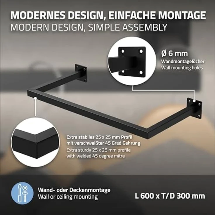 ML-DESIGN Kleiderstange Wandgarderobe Rechteck für die Wand aus Stahl inkl. Montagematerial (2 St), Garderobenstange 60x30 cm Schwarz U-Form Kleiderständer Kleidergestell – Bild 3