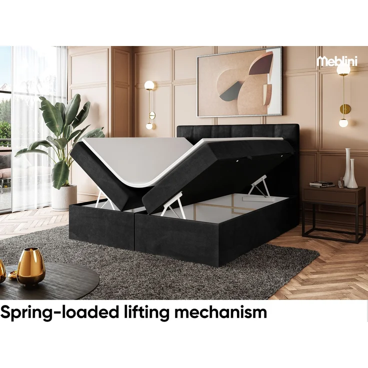 MEBLINI Boxspringbett KAI 140x200cm - H3/Schwarz Samt - mit Bettkasten - Gepolstert Doppelbett mit Matratze und Topper - Polsterbett mit Stauraum - Bett mit Kopfteil – Bild 4