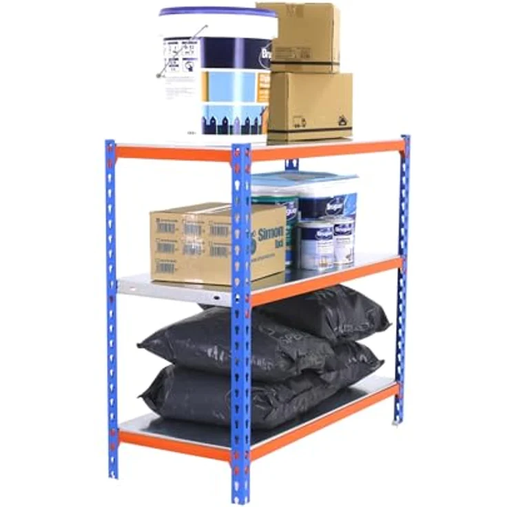 Simon Rack Simonclick Metallregal, 1000 x 900 x 300 mm, 3 Regalböden, 180 kg Biege-Punkt, Regalböden, Blau/Orange/Galva – Bild 8