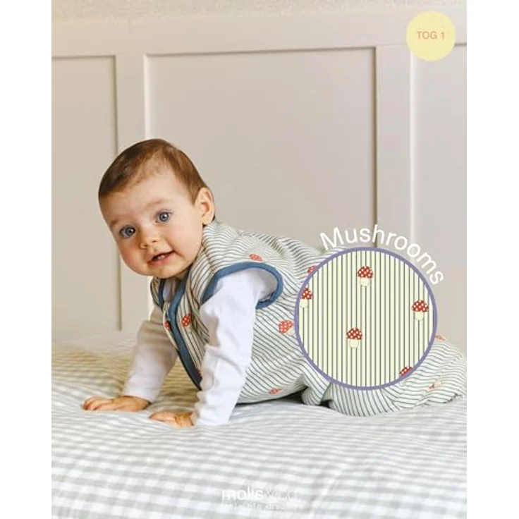 molis&co - Baby Schlafsack ärmellos - Ideal für Frühling und Herbst - Babyschlafsack 1 tog ohne Ärmel - Leicht gepolstert - 100% Baumwolle (Oeko-TEX 100), Premium Qualität - Mushrooms (70 cm) – Bild 5