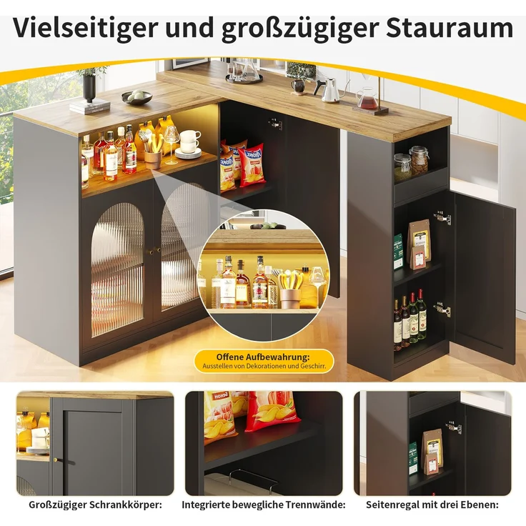 Um 360° drehbarer Bartisch (Hauptkörper: 198 x 39,6 x 97 cm), mattschwarzer Schrank mit Schreibtisch in Holzmaserung, mit Glasschranktür und LED-Licht, Sideboard, Weinschrank, Kaffeeecke--Schwarz--197x39.6x100cm--YOUDENOVA – Bild 10