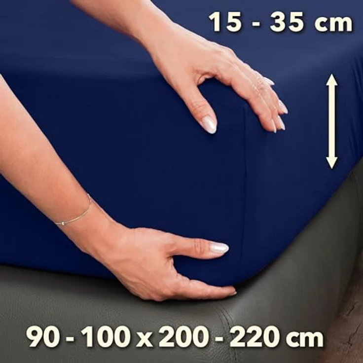 STUDIO Premium Spannbettlaken 90x200cm & 100x220cm – Jersey-Spannbetttuch aus 97% Baumwolle & 3% Elastan – Marine – bügelfrei, für Matratzen bis 35cm – Bild 3