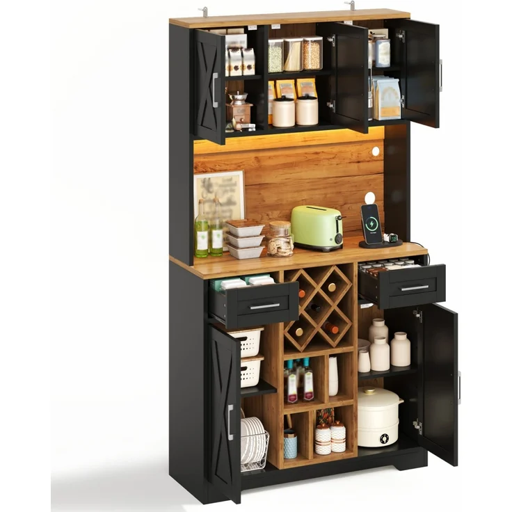 Küchenschrank, hoher Stauraumschrank mit LED-Beleuchtung, Vorratsschrank mit Weinregalen, Weinschrank & Vitrinenschrank für Wohnzimmer und Esszimmer, 180 × 105 × 40 cm--Natur2 + Schwarz--105x40x180cm--YOUDENOVA – Bild 9