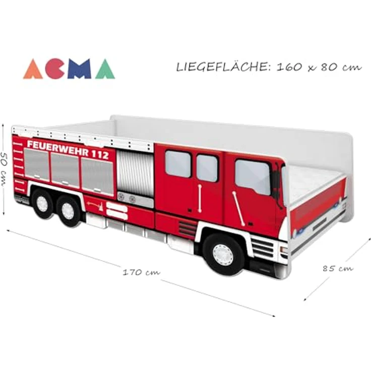 ACMA Kinderbett Auto-Bett Feuerwehr mit Rausfallschutz, Lattenrost und Matratze (160x80) – Bild 4