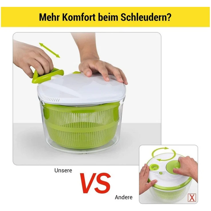 Elegear Salatschleuder Salatentwässerer Spinderella, 5 Liter, ø 24,5 cm, Kunststoff BPA-frei, (1-tlg), herausnehmbarer Siebeinsatz, Deckel & Stopp-Knopf, mit Schüssel – Bild 2