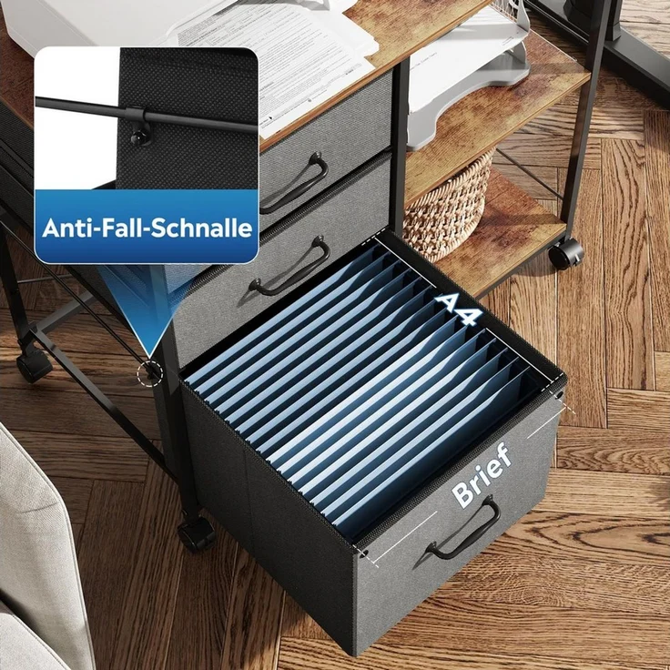 DEVAISE Aktenschrank Rollcontainer mit 3 Schubladen & 2 Ablagen, Mobiler Aktenschrank (Druckertisch für DIN A4/Legal/Letter, Breit 75cm) Schubladenschrank auf Rollen für Büro & Home Office – Bild 4