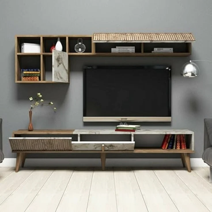 Dmora - Wohnzimmermöbel Gemini, Modulares Wohnzimmerset, Mehrzweck-Wohnzimmermöbel, Moderner TV-Schrank, 180x35h40 cm, Nussbaum und Weißer Marmor – Bild 7