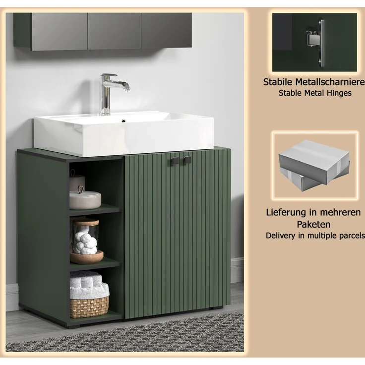 trendteam smart living - PureBliss - Waschbeckenunterschrank - Grün - Rillenoptik - 3 offene Fächer + 1 Einlegeboden + 80cm Aufsatzwaschbecken - (BxHxT) 90 x 91 x 53 cm - edle Metallgriffe – Bild 11