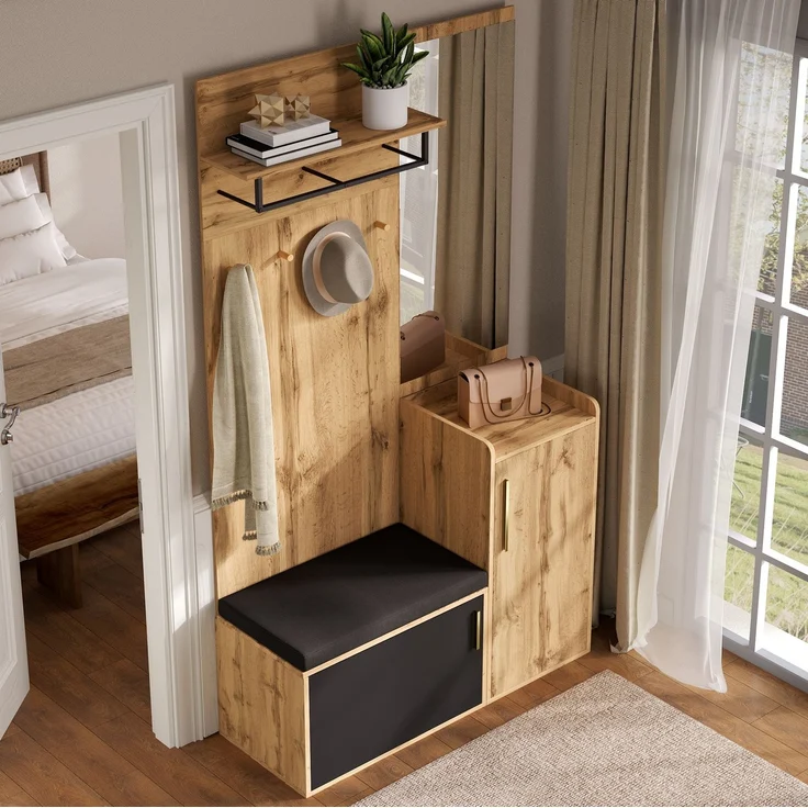 Kompaktgarderobe mit Spiegel, Sitzbank & Schuhschrank, 100x38x185 cm, Natur/Schwarz – Bild 5