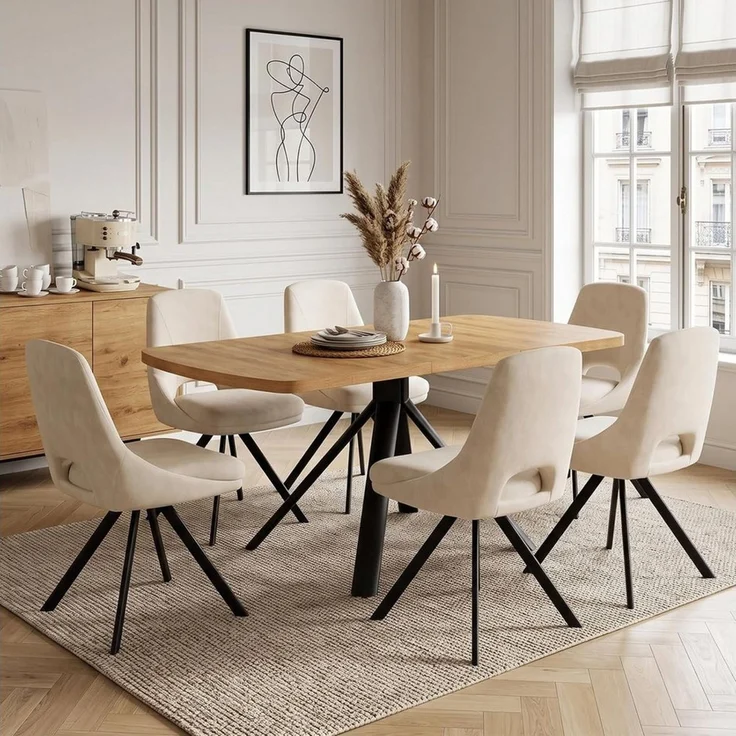 Jiexi Essgruppe Ausziehbare Essgruppe, Holzoptik mit [Esstisch + 6 Beige Stühle] – Bild 1