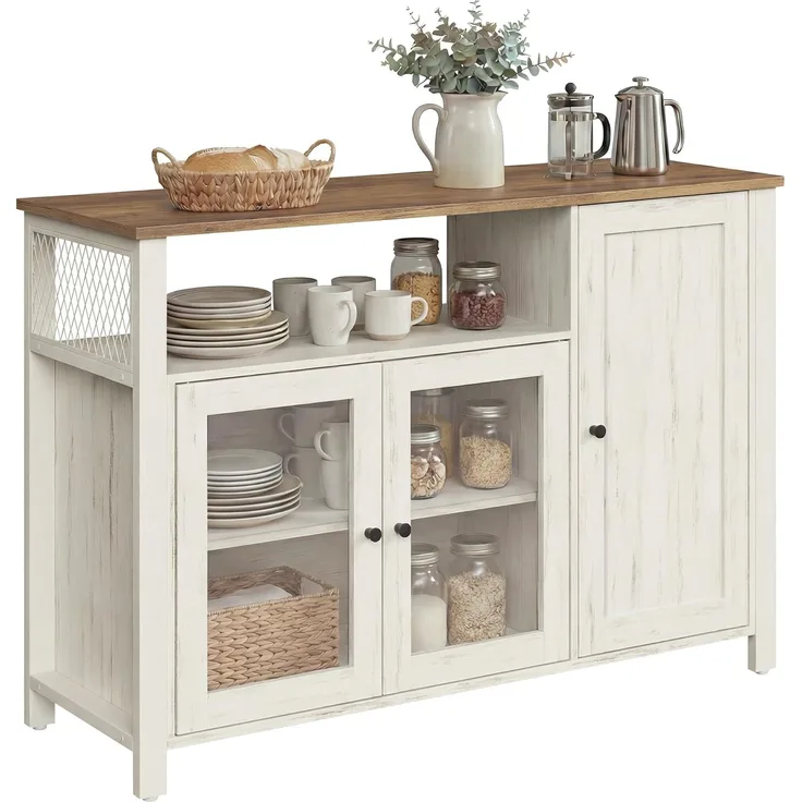 VASAGLE Küchenschrank, 33 x 110 x 75 cm, Aufbewahrungsschrank im Landhausstil, für Esszimmer oder Küche, braun-weiß