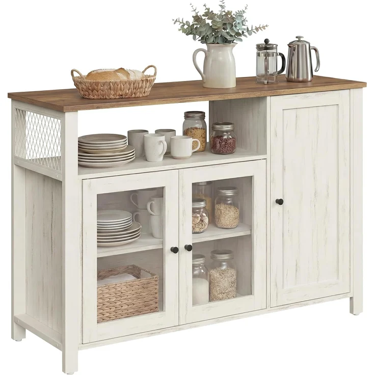 VASAGLE Küchenschrank, 33 x 110 x 75 cm, Aufbewahrungsschrank im Landhausstil, für Esszimmer oder Küche, braun-weiß – Bild 1
