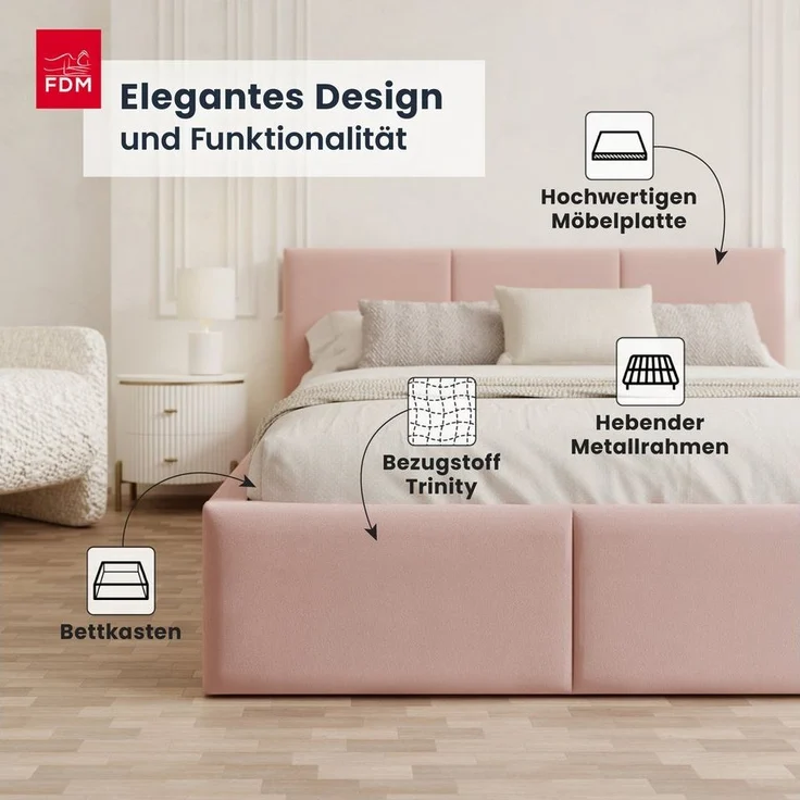 FDM Polsterbett AMBER modern mit Bettkasten MADE IN EU - mit Trinity Velours Bezug (verfügbar 90x200 120x200 140x200 160x200 180x200cm, Bettrahmen, Bett, mit großen gepolsterten Kopfteil, mit Bettkasten zum aufklappen), Hebbarer Metallrahmen, Bettkaste... – Bild 2