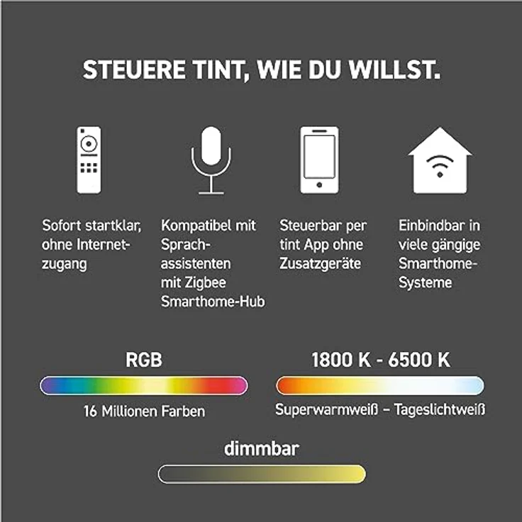 Müller-Licht tint Smarter LED Strip, RGB LED Lichtstreifen mit Farbwechsel, 5m Länge, 24W, 6 vorprogrammierte Lichtszenen, Bluetooth+Zigbee, kompatibel mit Alexa – Bild 3