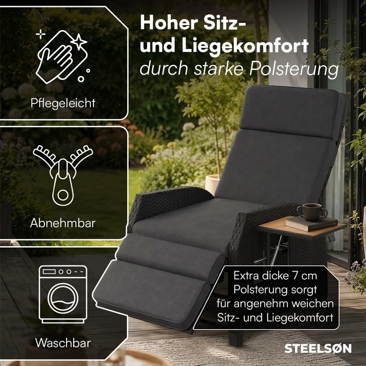 STEELSØN 'Caelum' Polyrattan Sessel mit Liegefunktion, schwarz/Akazie, verstellbare Rückenlehne, inkl. Polster, Ausklapptisch, wetterfest – Bild 4