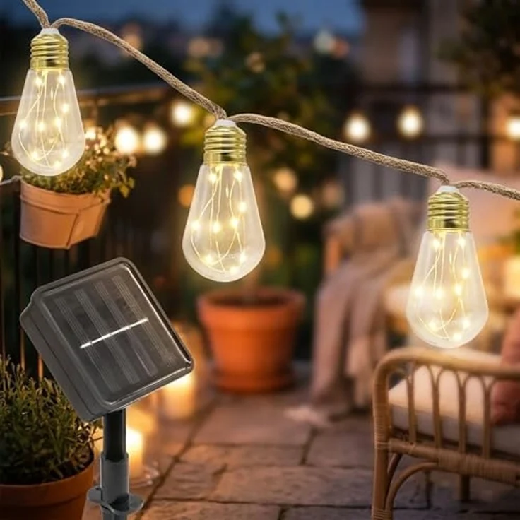 Spetebo Lichterkette Vintage LED Solar Lichterkette, 16-flammig, Garten Deko Beleuchtung mit transparenten Lampen an Naturkordel – Bild 1