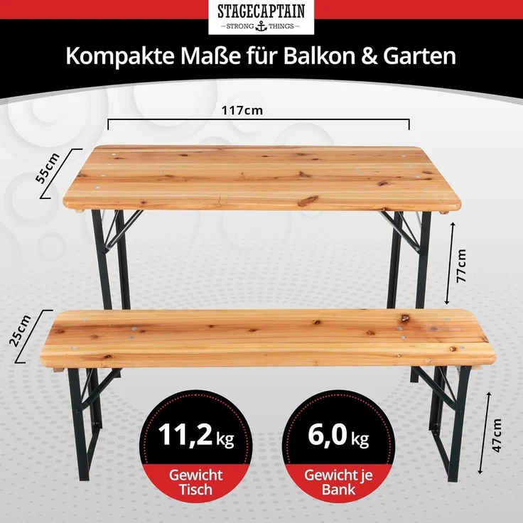 Stagecaptain Bierzeltgarnitur Hirschgarten BB-117 Sitzgarnitur 117 cm Länge, (Stehtisch Holz, 6-tlg, 4 x Bank, 2 x Tisch), Sitzmöbelset für Balkon Outdoor & Indoor, klappbar – Bild 3