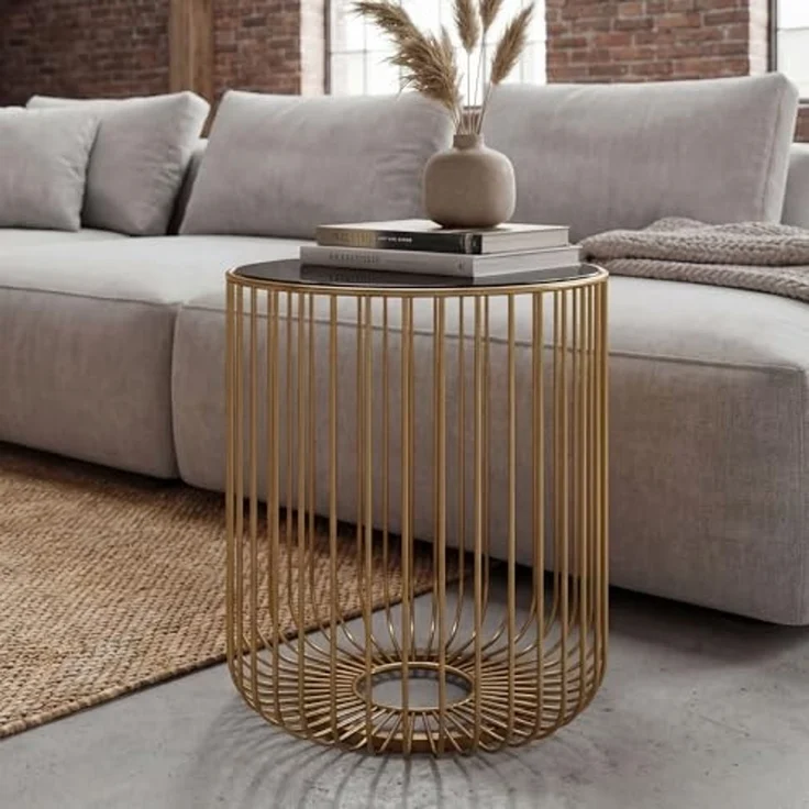 Beistelltisch Glas Metall 40cm Gold Rund - Moderner Anstelltisch - Design Sofatisch Couchtisch Drahtkorb - Loungetisch mit Gittergestel - Runder Wohnzimmertisch Klein Handmade – Bild 2