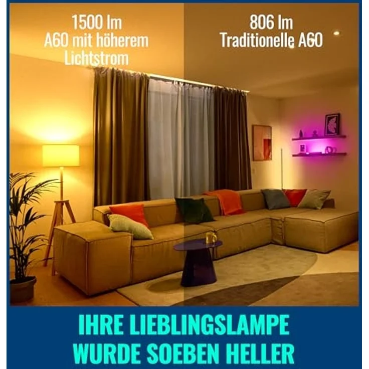 WiZ Smart LED A60-Lampe, Color und Tunable White, E27-Sockel, äquivalent 100 W, 2200–6500 K, 1521 Lumen, dimmbar, funktioniert mit Alexa, Google Assistant, und Apple HomeKit, 1er Pack – Bild 2