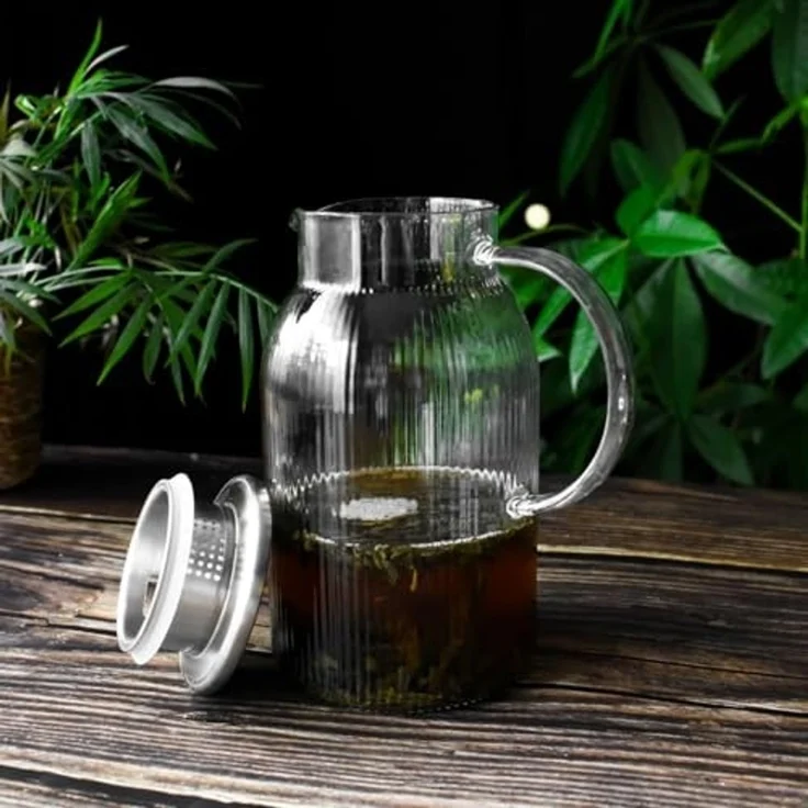 Glaskaraffe 1,5L mit Edelstahl Filter und Relief Wasserkrug Wasserkaraffe Glaskrug – Bild 3