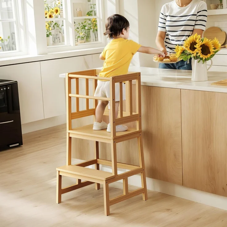 Toboli Kinderstuhl Lernturm aus Bambus, BxTxH 46 x 46 x 89 cm mit Geländer, Schutzstab, Lernstuhl für Kinder, Braun – Bild 2