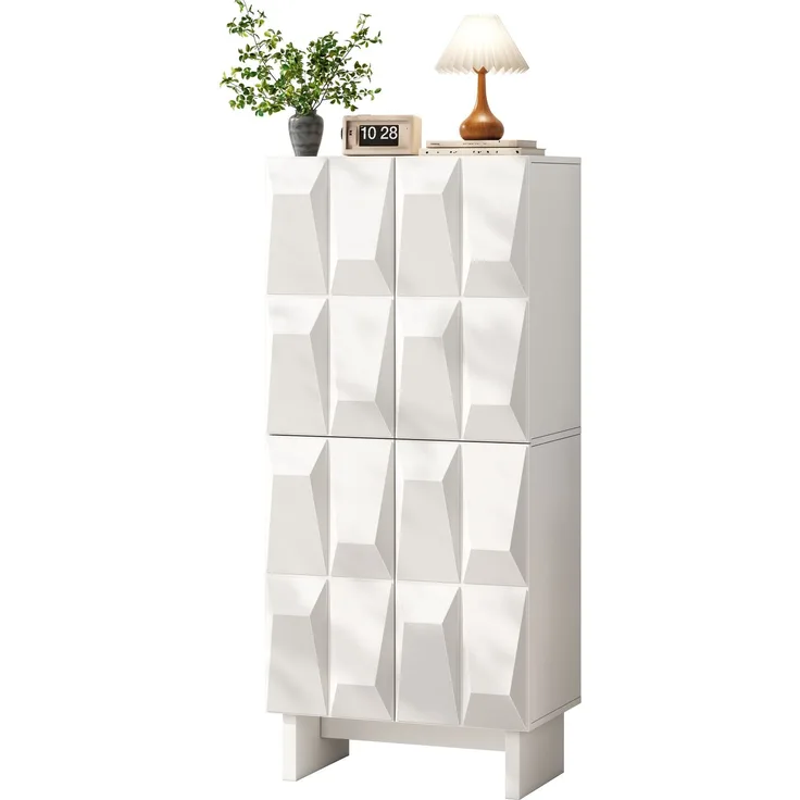 Schuhschrank Sideboard Kompaktsschrank Spanplatte Relief 4 Türen 4 Fächer verstellbare Böden Flur Wohnzimmer--Weiß--60.5x34x135.5cm--YOUDENOVA
