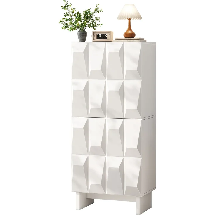 Schuhschrank Sideboard Kompaktsschrank Spanplatte Relief 4 Türen 4 Fächer verstellbare Böden Flur Wohnzimmer--Weiß--60.5x34x135.5cm--YOUDENOVA – Bild 1