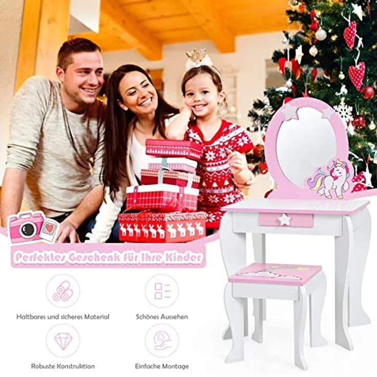 COSTWAY Kinder Schminktisch mit Hocker, rosa Frisierkommode, Prinzessin Frisiertisch mit Schublade & Abnehmbarer Spiegel, Schminkkommode für Mädchen von 3-7 Jahren (Weiß) – Bild 8