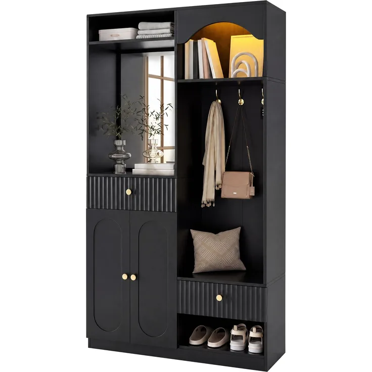 Faumrta Kompaktgarderobe mit Spiegel und Sitzbank,Flurgarderobe mit Schuhschrank und Haken, Kleiderhaken,Kompaktgarderobe,Flurmöbel Set,Flurgarderobe,LED-Streifen mit einstellbarer Farbe100CM*35CM*180CMSchwarzMDF (Medium-Density-Faserplatte)