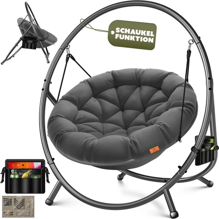 KESSER® Hängesessel mit Gestell BALI Hängeschaukel Hängestuhl bis 150kg für Indoor und Outdoor + Kissen & Seitentasche Hängekorb Stahlgestell & Schaumstoff Sitzpolster ideal für Wohnzimmer & Garten Anthrazit – Bild 1