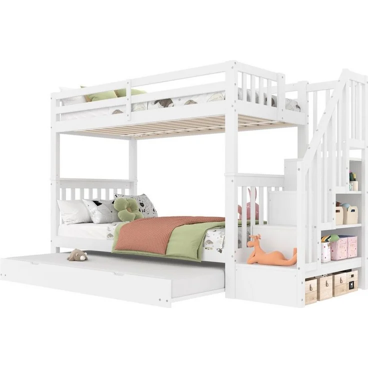 SOFTWEARY Etagenbett mit 3 Liegeflächen und Lattenrost (90x200 cm), Kinderbett mit Rausfallschutz, Treppe beidseitig montierbar, Kiefer – Bild 5