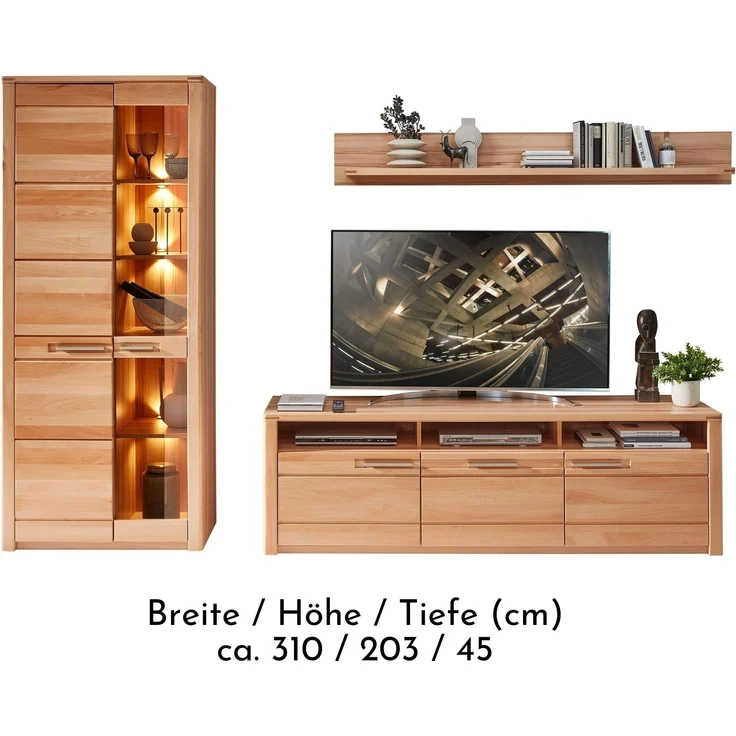 Wohnwand >Nature One< 3-teilig, mit LED, FSC, in Kernbuche teimassiv - 310x203x45cm (B/H/T) – Bild 4