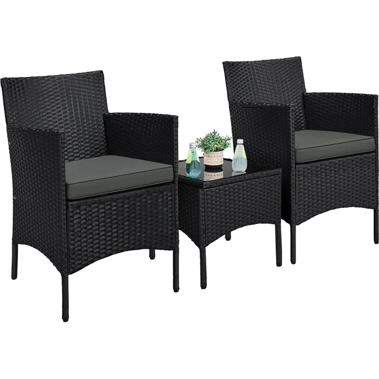 Yaheetech Balkonset, Gartenmöbel-Set 3-teilig. inkl. 2 Stühle mit Sitzkissen & Tisch, Schwarz & Grau