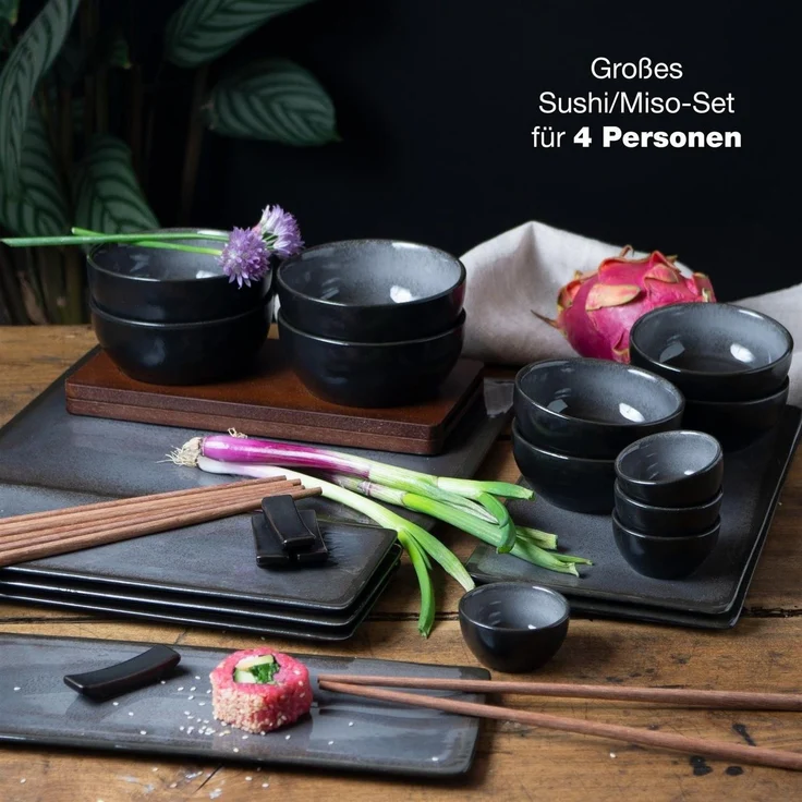 Moritz & Moritz VIDA 29-tlg. Sushi Geschirr Set für 4 Personen - Servierset mit 3x -Platte - 4x -Teller, Miso-Schale, Schälchen und Stäbchen – Bild 3