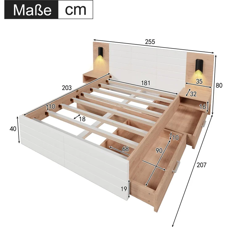Doppelbett Holzbett Bettanlage mit 2 Schubladen, Kopfteil Leselicht mit USB Ladefunktion, Modernes Bett inkl. 2 Nachtkommode, Bettgestell & Lattenrost, Set in Eiche/Weiß, Ohne Matratze, 180×200 cm – Bild 2