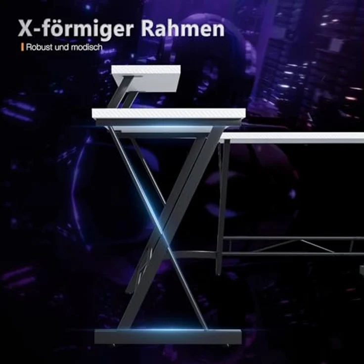 ODK Gaming Tisch, Computertisch, Gaming Schreibtisch mit runder Ecke, Gaming-Tisch mit Monitorablage (Kohlefaser Weiß, 127x127 cm) – Bild 8