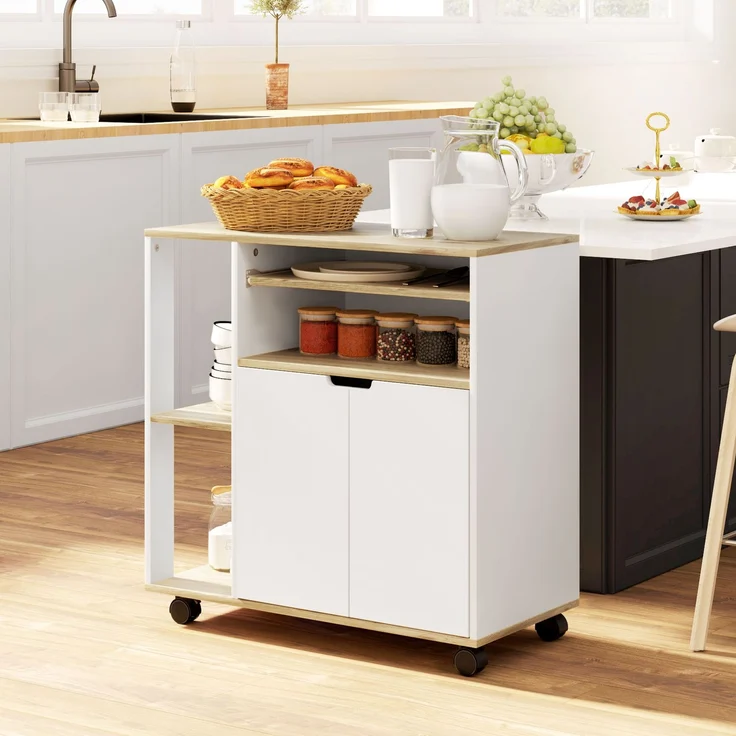 MELAYR, Rollender Küchenwagen mit Stauraum, Schrank, verstellbare Regale, für Küche, 80 x 40 x 82 cm, Naturholz+Weiß – Bild 4